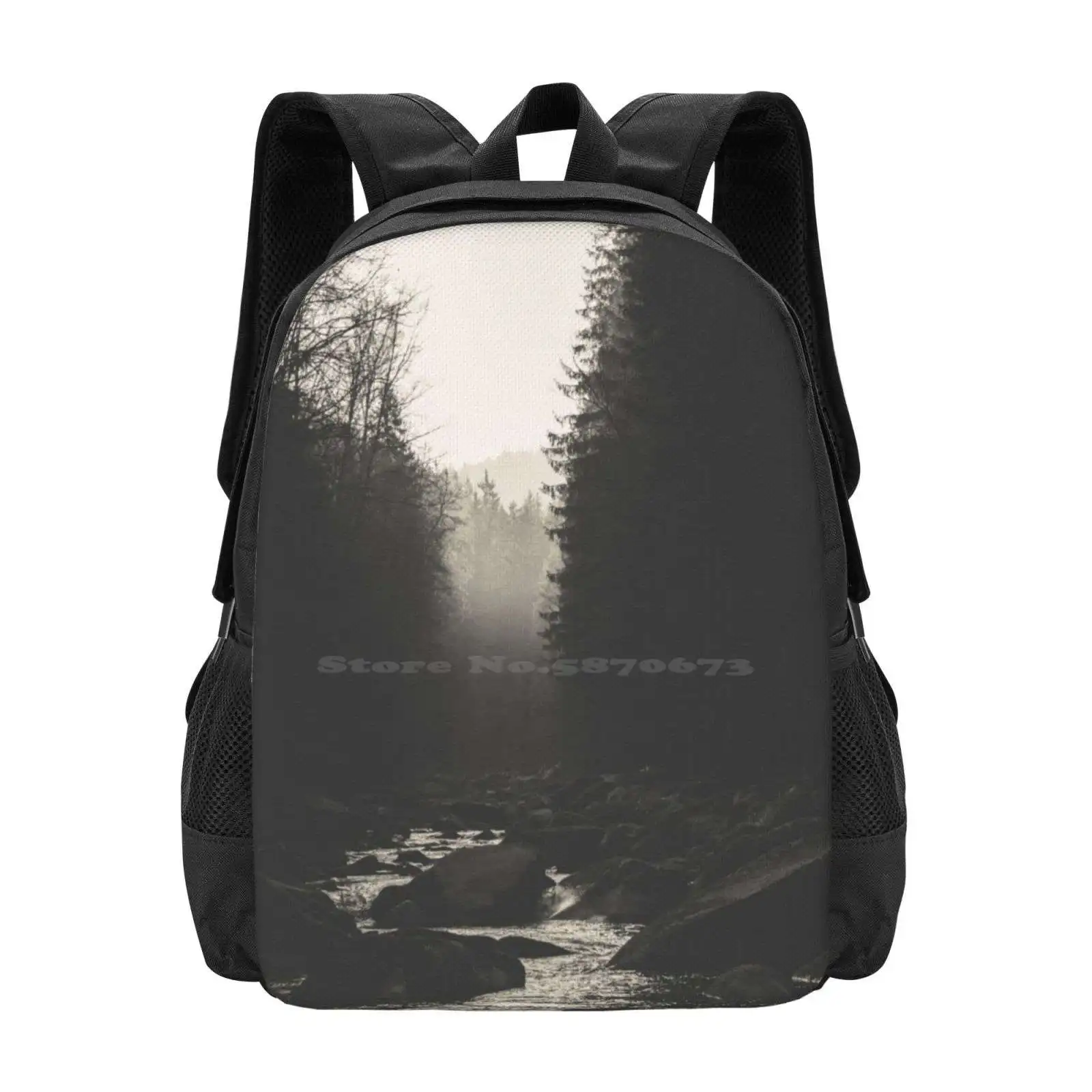 Morning River Hot Sale Schoolbag Backpack Fashion Bags River Stones Forest Wood Trees Water Morning Sunrise Pine Trip