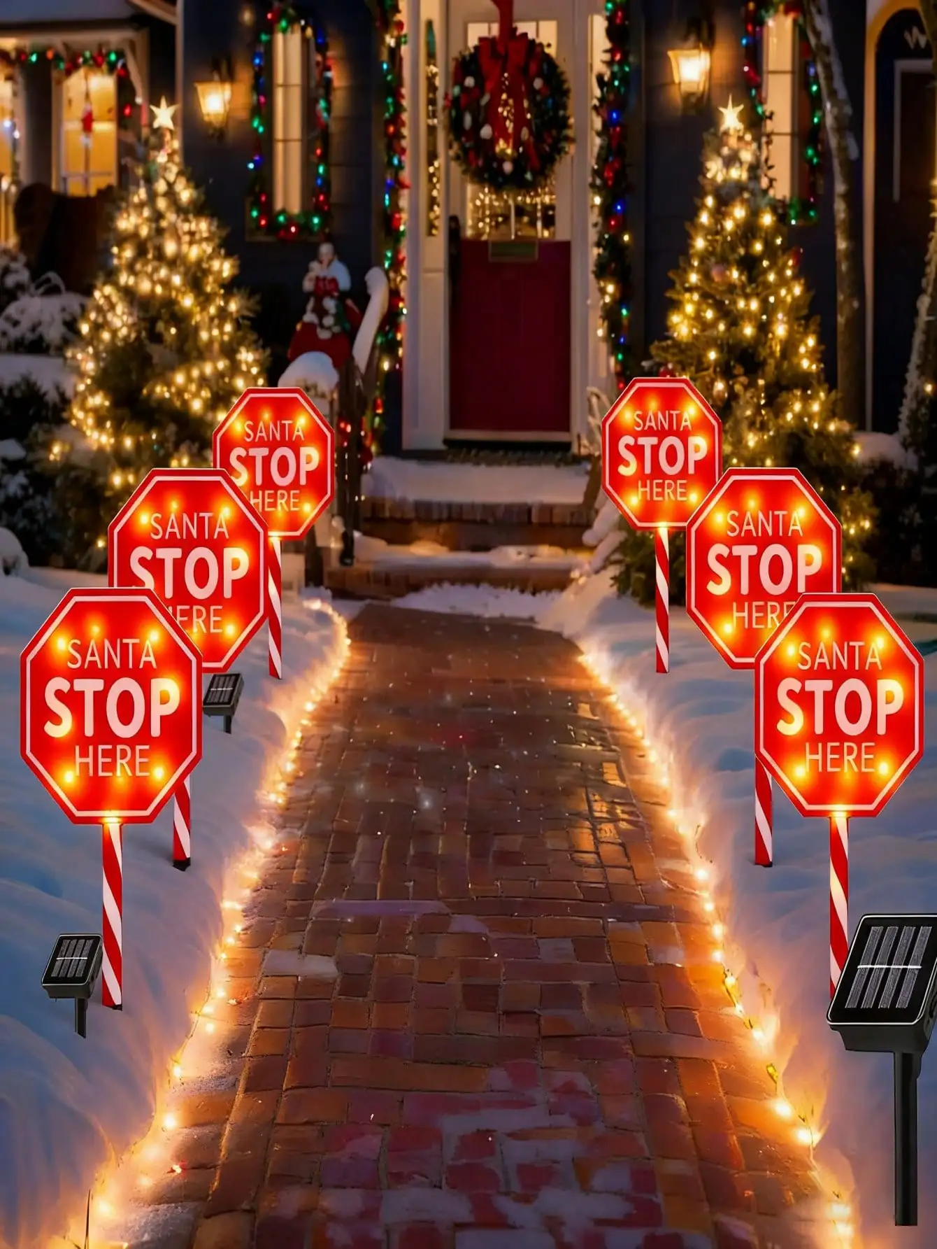 5pcs Solar-Powered Christmas Rest Sign - Waterproof 5-In-1 LED Decor w/Candy Cane Stripes for Yard/Garden, Durable Plastic