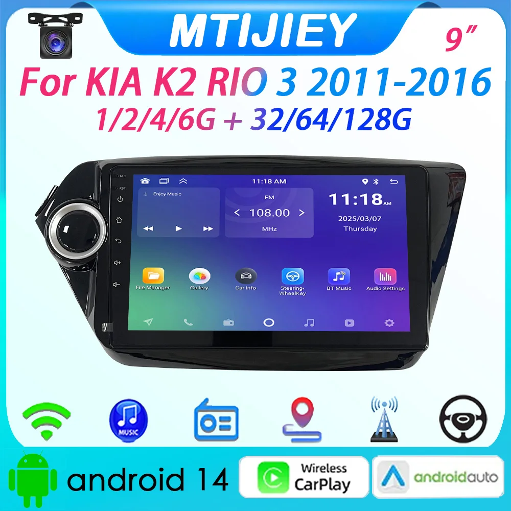 

[MTIJIEY] Car Radio for KIA K2 RIO 3 2011-2016 6+128G 9" Android Auto Carplay GPS Multimedia Player Wifi BT FM SWC Split-Screen