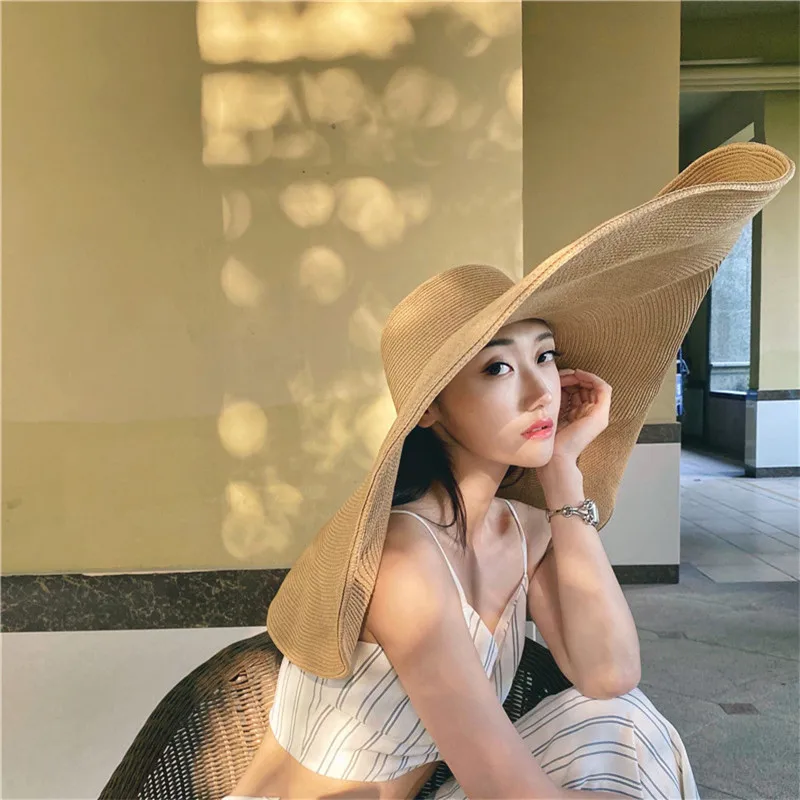 60CM Diameter Big Brim Hat Women\'s Sunshade Sun Hat French Men Women Beach Travel Straw Hat Summer Foldable Sun Hat Wholesale