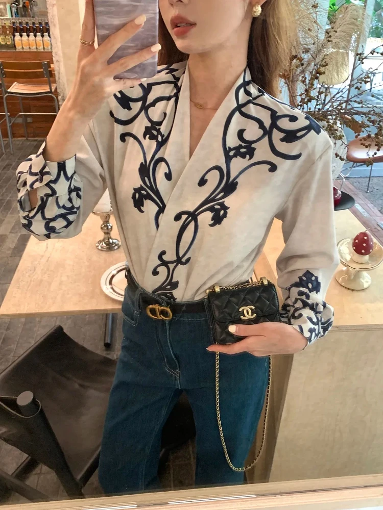 Horse Print Black White Women Shirt Contrasting Color Trendy Ribbon Shirt  Autumn Long-sleeved Tops Long Sleeve Blouses Shirts