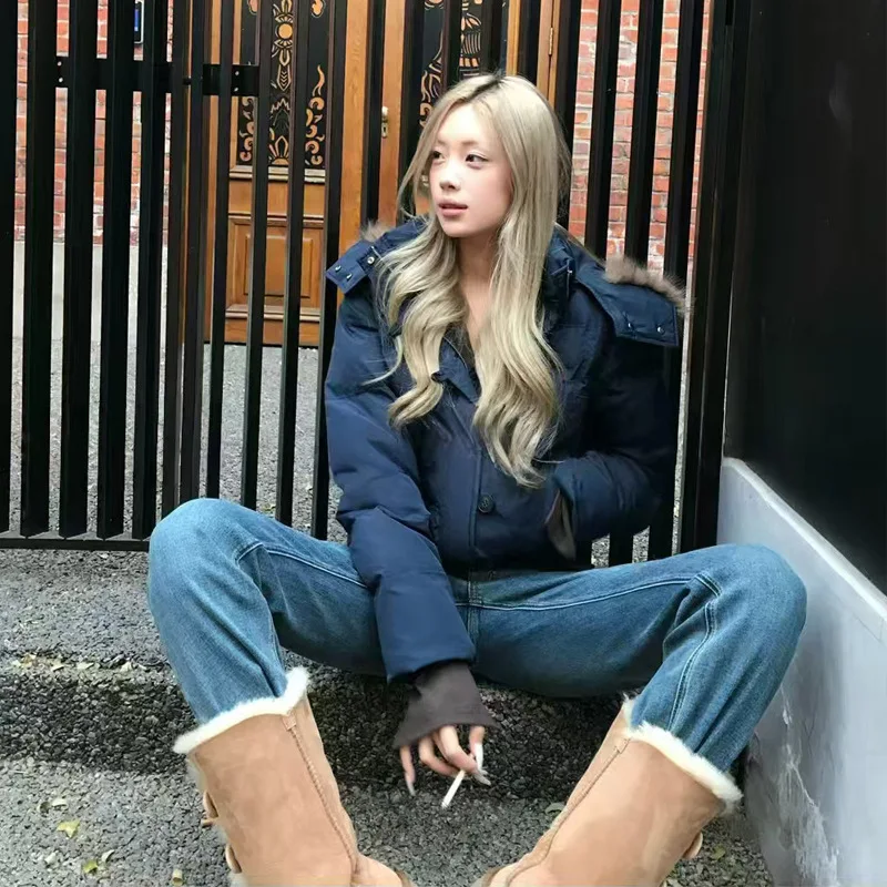 Women's Winter Warm Jacket Korean Thickened Big Fur Collar Hooded Outerwear Fashion Casual Detachable Short Cotton-Padded Coat
