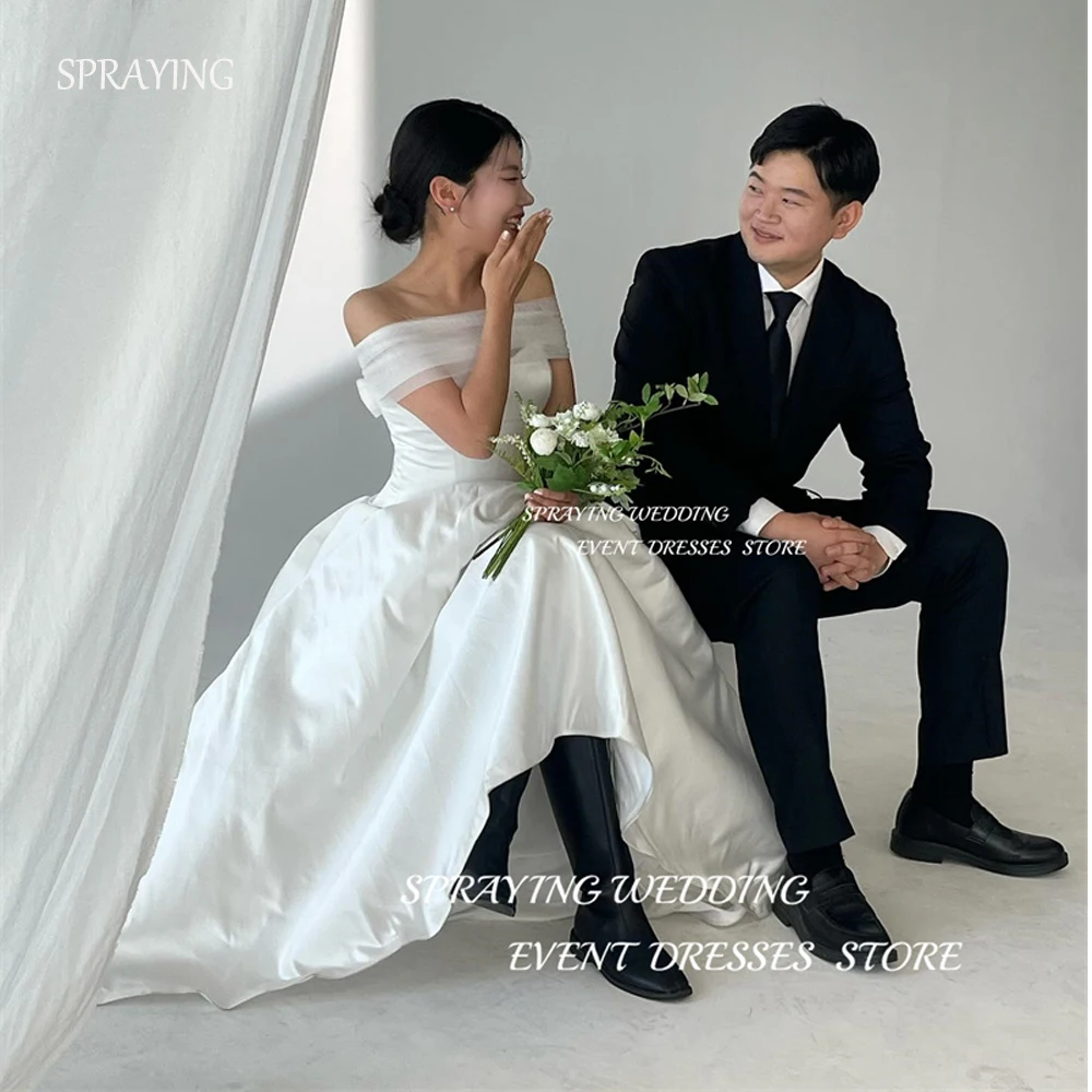 SPRAYING Simple A Line Korea Wedding Dresses Off Shoulder Satin Bridal Dress Backless Custom Country Bride Gowns Party Dress