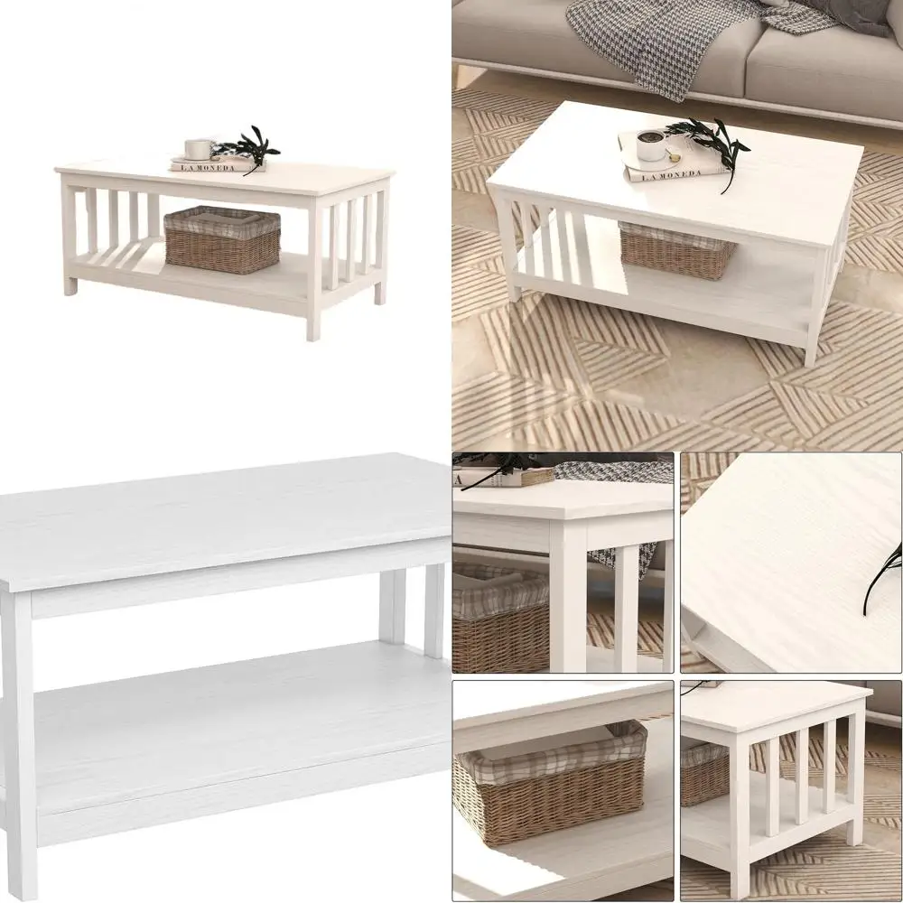 

40 White Farmhouse Style Coffee Table with Shelf for Living Room