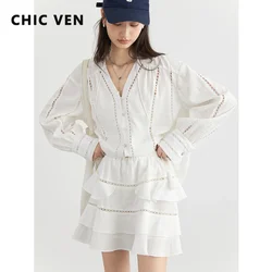 CHIC VEN Women Shirts Korean Solid V-neck Long Slevee Loose Blouses Casual Fashion High Waisted Short Skirt Set Summer New 2024