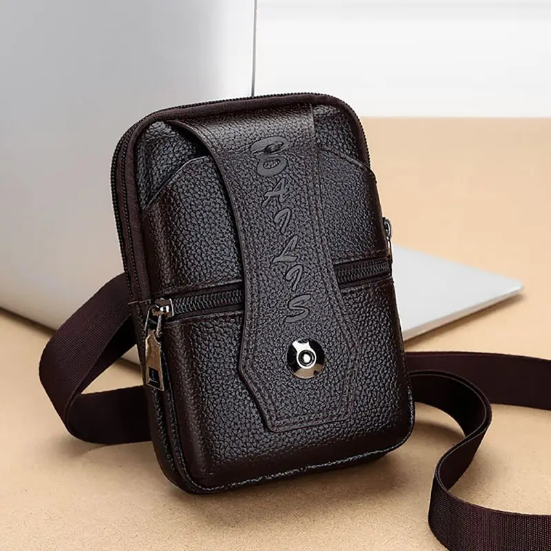

Men's Top Layer Cowhide Leather Phone Waist Bag Crossbody Construction Site Outdoor Sports Belted Multifunctional Bag