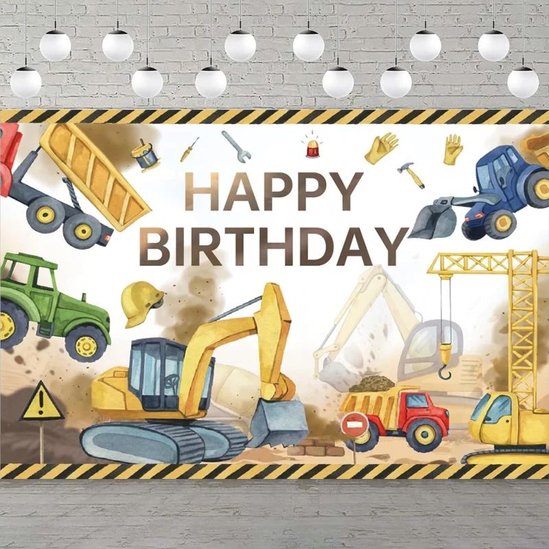 Construction Site Photography Backdrop Yellow Warning Line Excavator Construction Background Party Birthday Decorate Banner