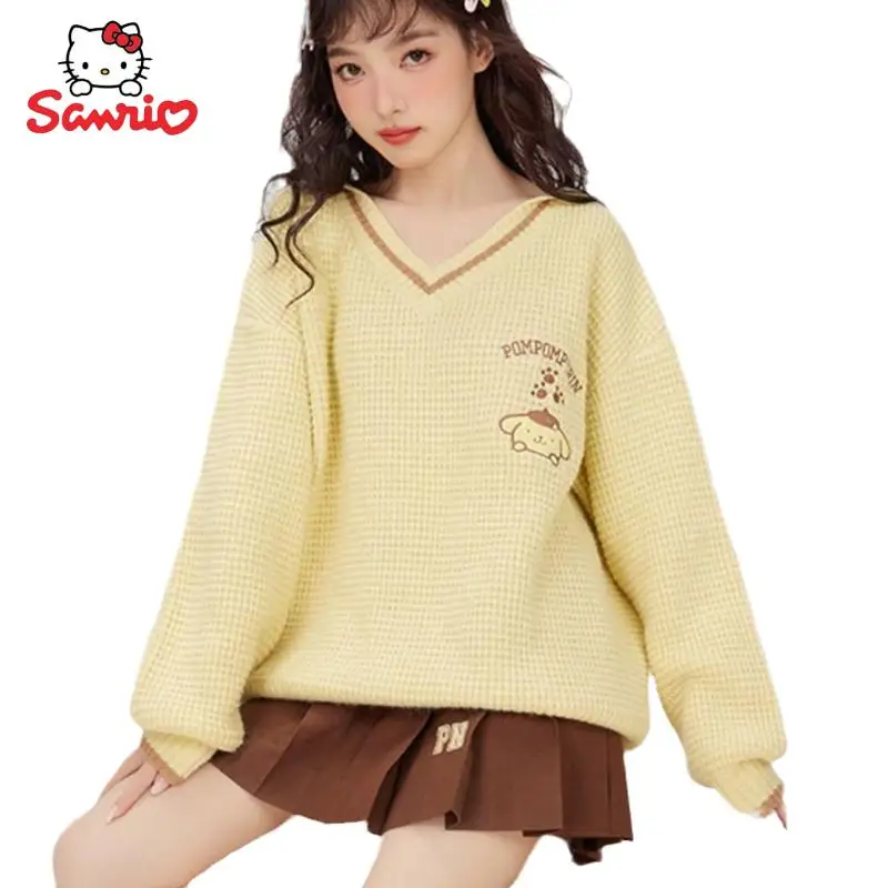 Kawaii Pompom Purin V-Neck Sweater Cartoon Sanrio My Melody Kuromi Cinnamoroll Girl Embroidered Knit Coat Cute Soft Sweater Top