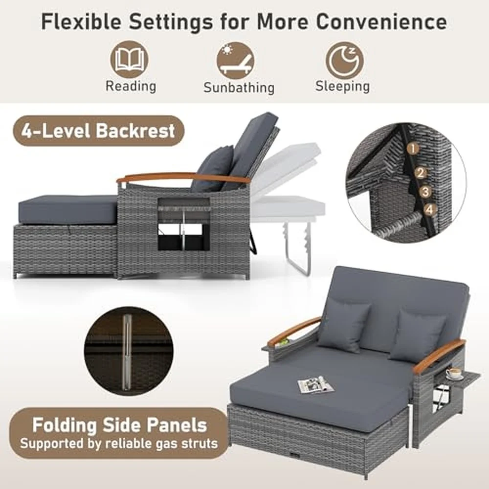 Moccha Outdoor Wicker Daybed Patio Rattan Loveseat Sofa w/ 4 Level Adjustable Backrest Folding Panels Storage Ottoman &