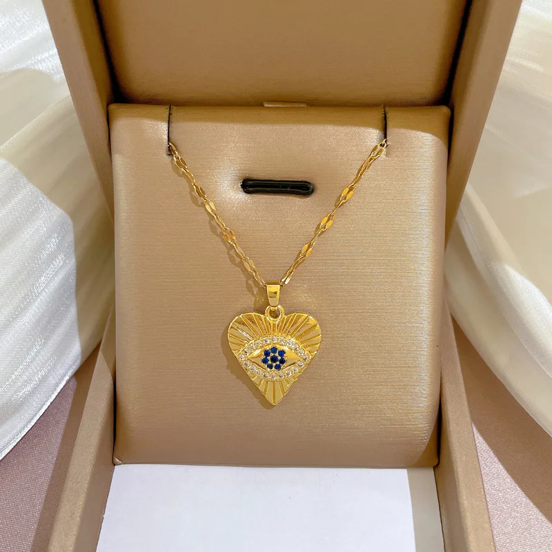 Stainless Steel Heart Evil Eye Gold Color Plated Necklaces for Women Clavicle Rhinestone Eyes Necklace Fashion Jewelry Dropship