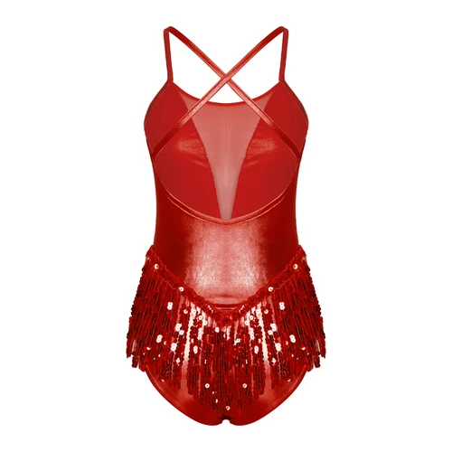 Imagen 2 del producto Body con borlas brillantes para mujer, leotardo de danza de Ballet y gimnasia con lentejuelas, monos con flecos, traje de actuación de baile de Jazz latino