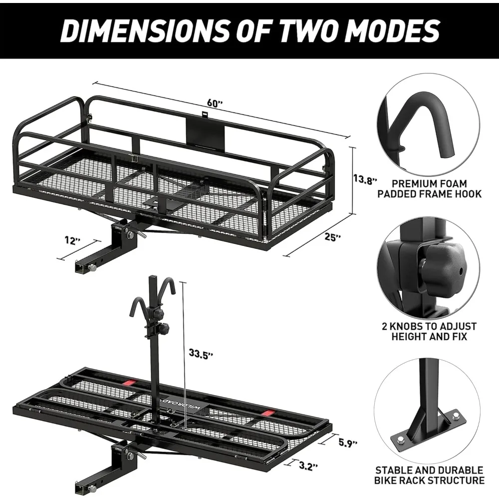 Hitch Cargo Carrier with Bike Rack , Hitch Mount Cargo Carrier 2 Bikes 500 LBS Capacity Folding Hitch Bike Rack for Standard