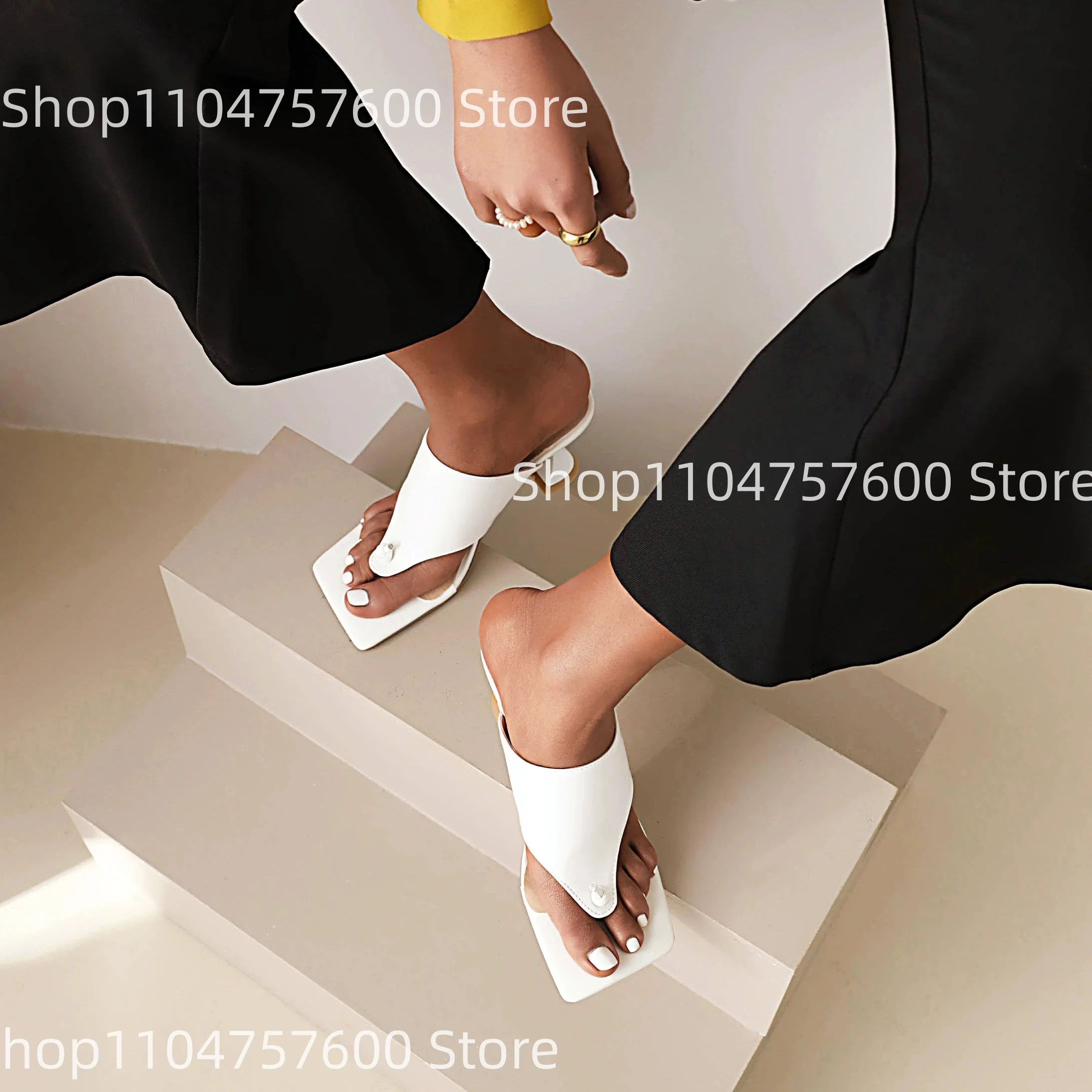 Women's Leather Square Toe Sculptural Heel Thong Mule Sandals Modern Edgy Slip-On Design Ladies Daily Street Office Slippers