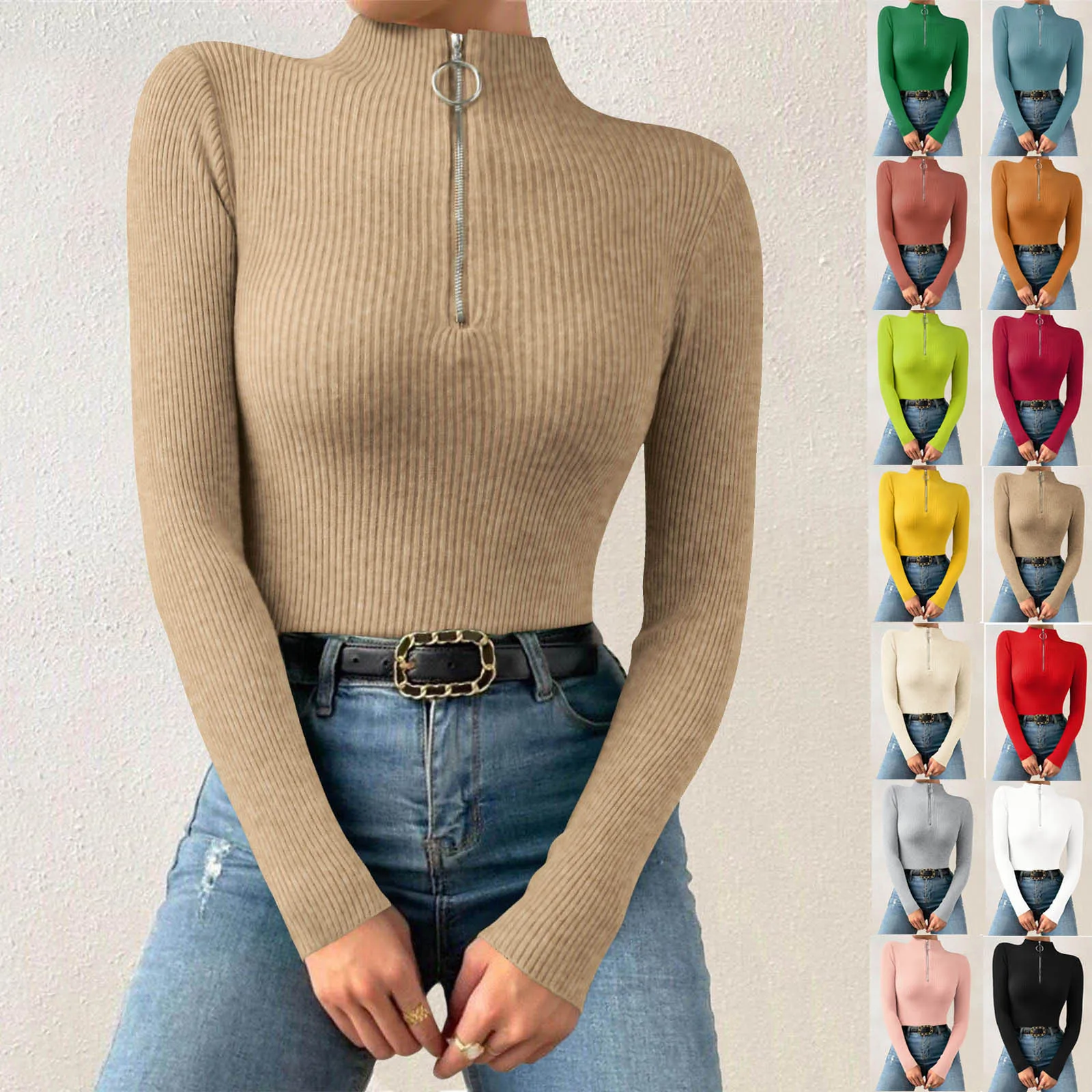 Women Turtleneck Zipper Sweater Thight Fit Long Sleeves Multicolor Blouse Ladies Solid Slim Fit Warm Sport Blouse Autumn Winter