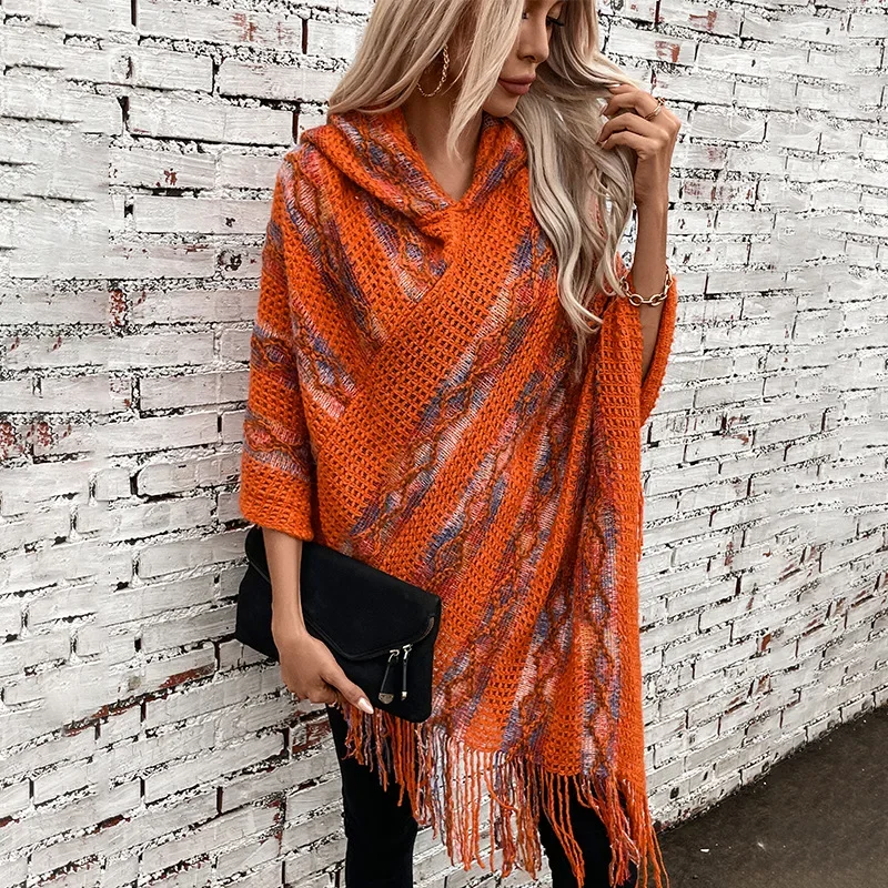 Women Knitted Hooded Cape Shawl Print Striped Tassel Spliced Ponchos Pullover Elegant Loose Cloak Ladies Autumn Winter