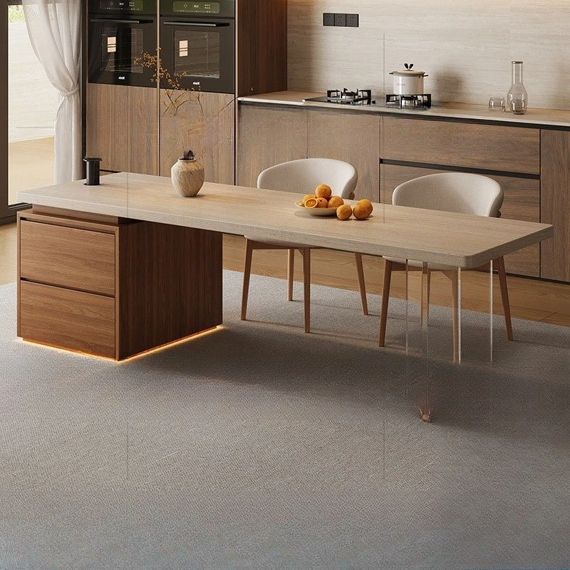 طاولة طعام متكاملة من هيراشيماداي، شقة صغيرة من الخشب الصلب بلون الجوز، بلاطة صخرية من الحجر الجيري، خزانة متعددة الوظائف