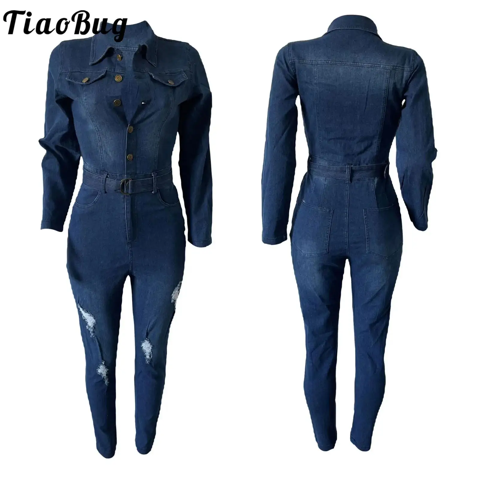 Combinaison en jean Slim pour femmes, élégante, avec ceinture de taille, revers, manches longues, boutons sur le devant, déchiré, Leggings, barboteuse, Streetwear