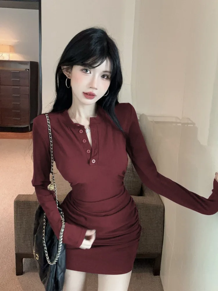 

Slimming Short Skirt Dress Women's Autumn Winter Inner Wear Sexy Bodycon Pleated Dress Halopen Collar High Waist Wrap Dress