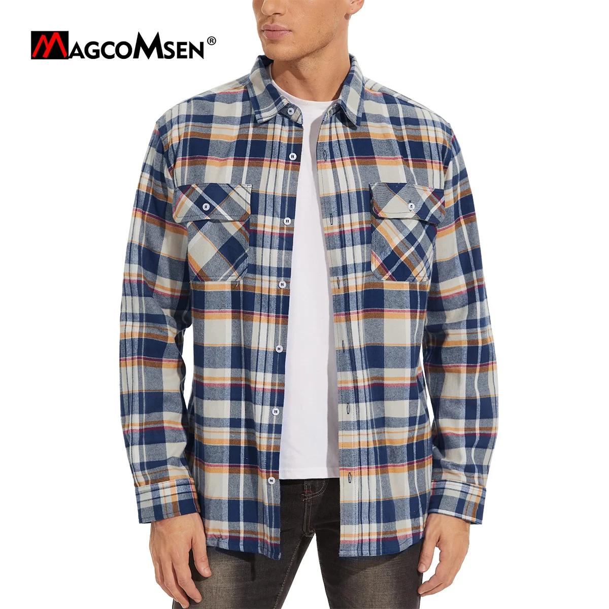 MAGCOMSEN Men's Plaid Flannel Shirts Long Sleeves Casual Cotton Shirt Button Up Shirts With 2 Pockets Streetwear