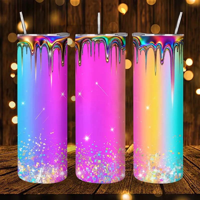 1pc 20oz Rainbow Drip Glitter Sparkle Stainless Steel Insulated Tumblers Coffee Office Travel Mug with Lid Cup Daily Use Leakproof And Bpa Free Keep Drink Hot And Cold Ideal Gift for Friends Family Colleagues
