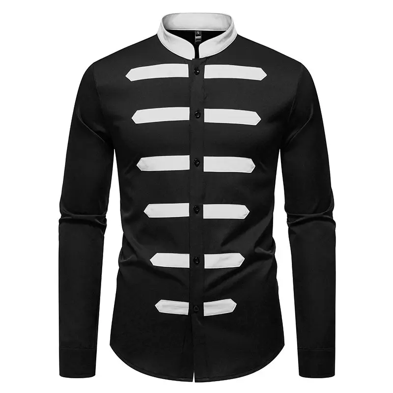 Men's Contrast Shirt Black White Color Block 2026 - Single Breasted Stand Collar Long Sleeve Top Fashion Modern Look Clothings