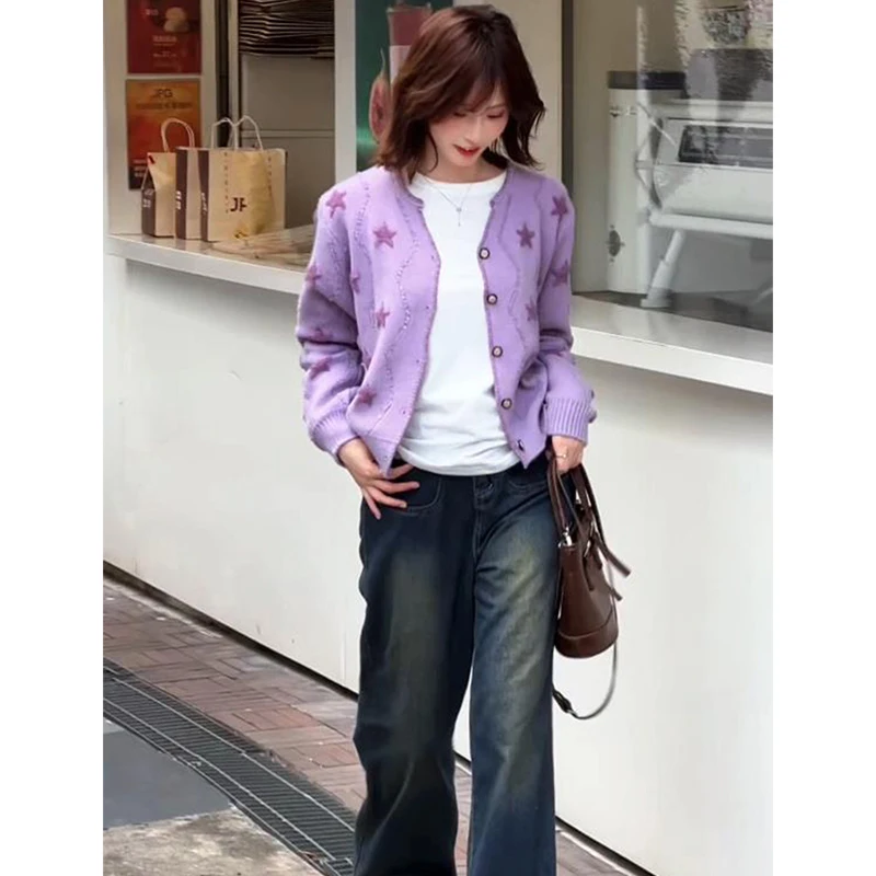 Weicher Wind Lila Stern Strickjacke Herbst Winter Anti-Aging High-End Weißes T-Shirt Jeans T-Shirt Set Damen Faion