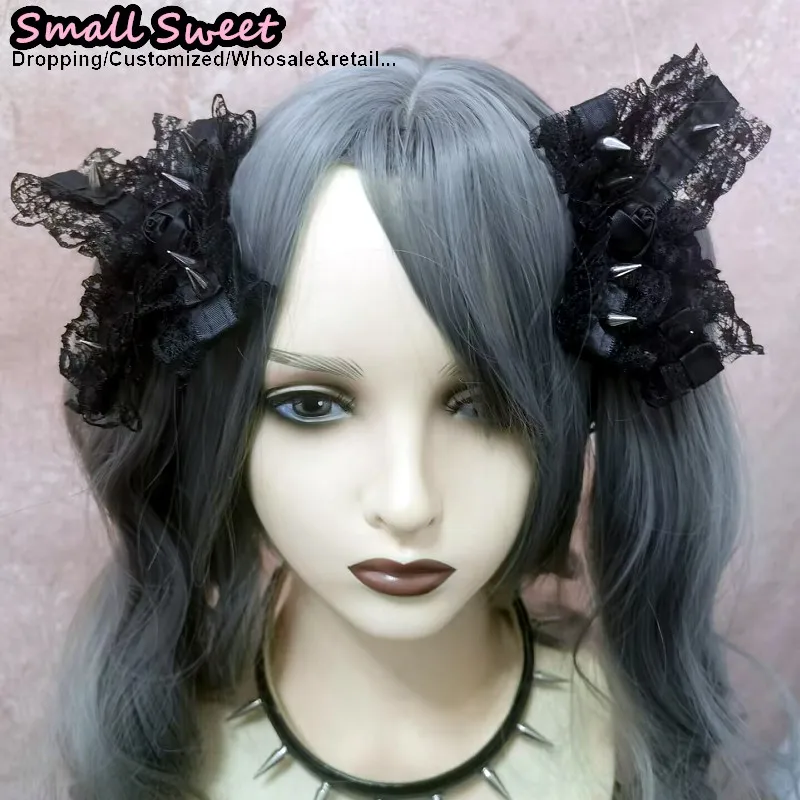 Harajuku Women Gothic Lolita Punk Hairpin Y2K Girl Spike Rivet Floral Lace Ruffle Edge Clamp Goth Hair Accessories Hair Clips