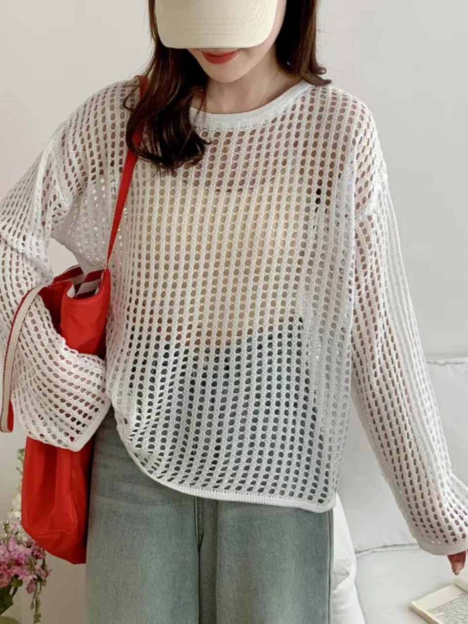 

Ladies Summer Thin Loose Knitted Hollow out Top Sweet And Spicy Sle See tough Sun Protection Cover irt Long Sve Crew...