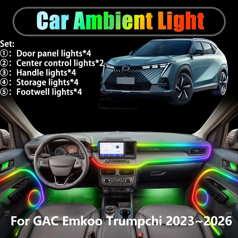 

Для GAC Emkoo Trumpchi 2023 ~ 2026 SUV 2/18 в 1 Автомобильное окружающее освещение Светодиодные внутренние светодиодные фонари багажника USB RGB Ensemble Streamer Auto