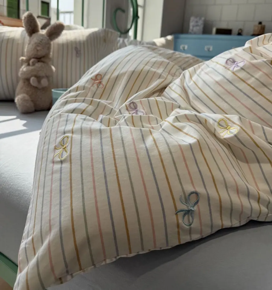 

Fashion brief stripe blue cute bow bedding set kid,twin full queen king simple cotton home textile sheet pillow case quilt cover