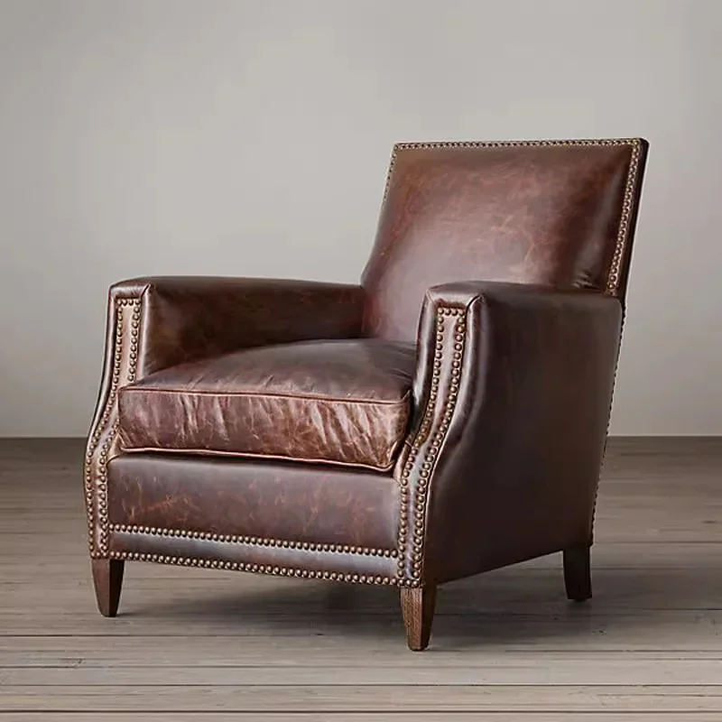 American country leather sofa retro oil wax leather single chair modern light luxury living room small apartment leisure