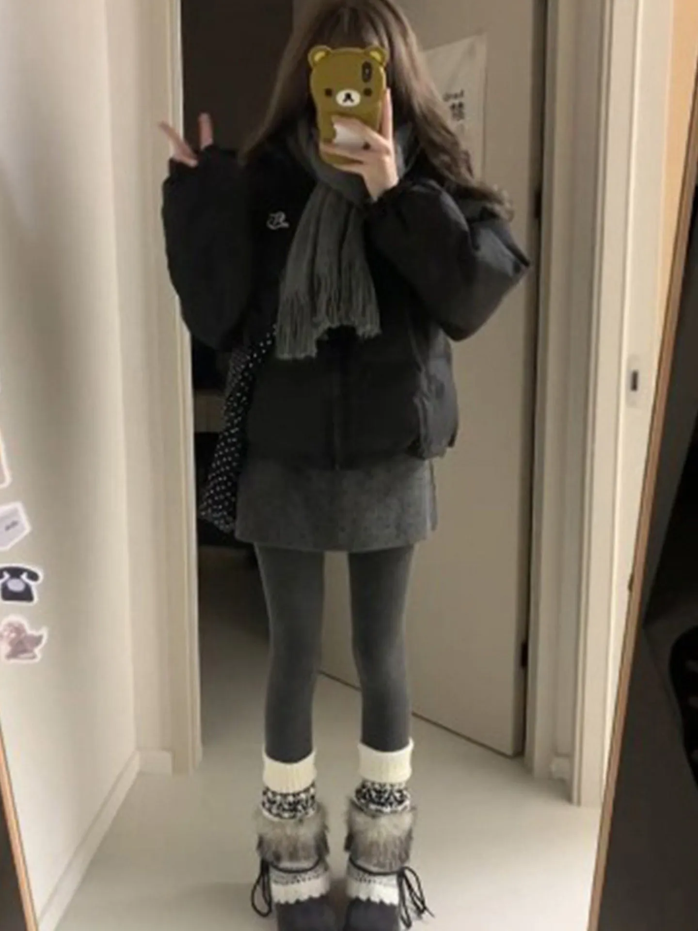 Gray Polka Dot A-Line  Skirt Women's plus Size Korean Style High Waist Woolen Material Commute Date Suitable Skirt
