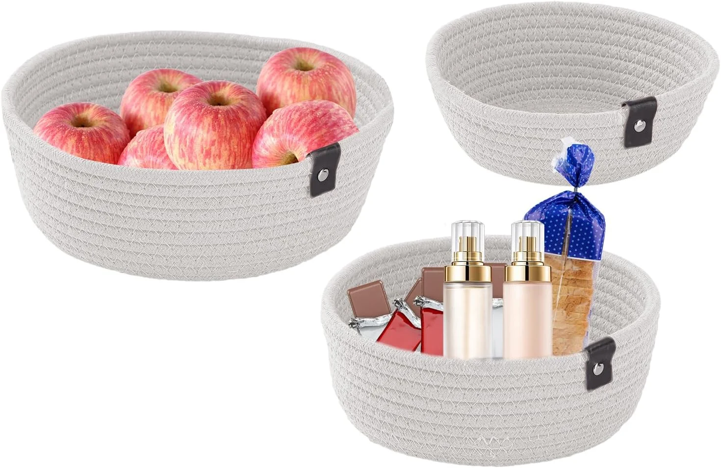 3PCS Storage Basket Set Natural Cotton Woven Rope Baskets for Storage Baskets for Gifts Empty Small Storage Bins with Handle