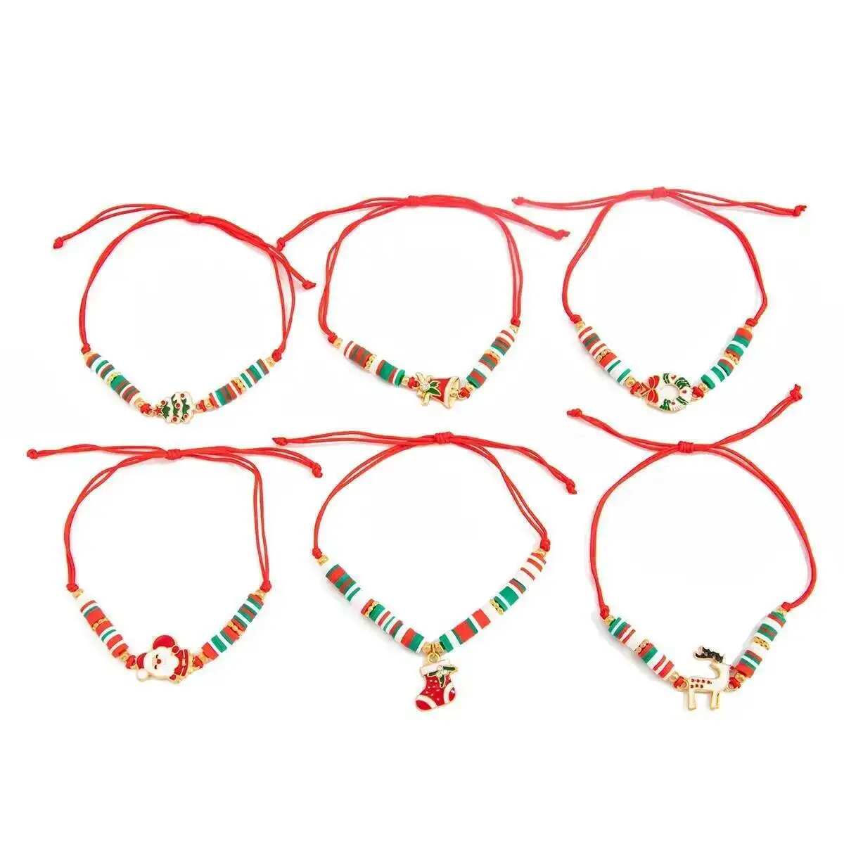 KunJoe 6Pcs/Set Adjustable Rope Chain Christmas Bracelet for Women Cute Santa Claus Elk Christmas Tree Socks Pendant Bracelet