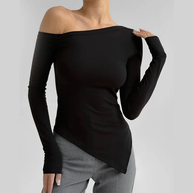 

Tops Women Top Skew Collar Full Sleeve Sexy Solid Slim Fit Y2k Streetwear Tees High Waist Elegant Work Slim Fit 2026 Spring