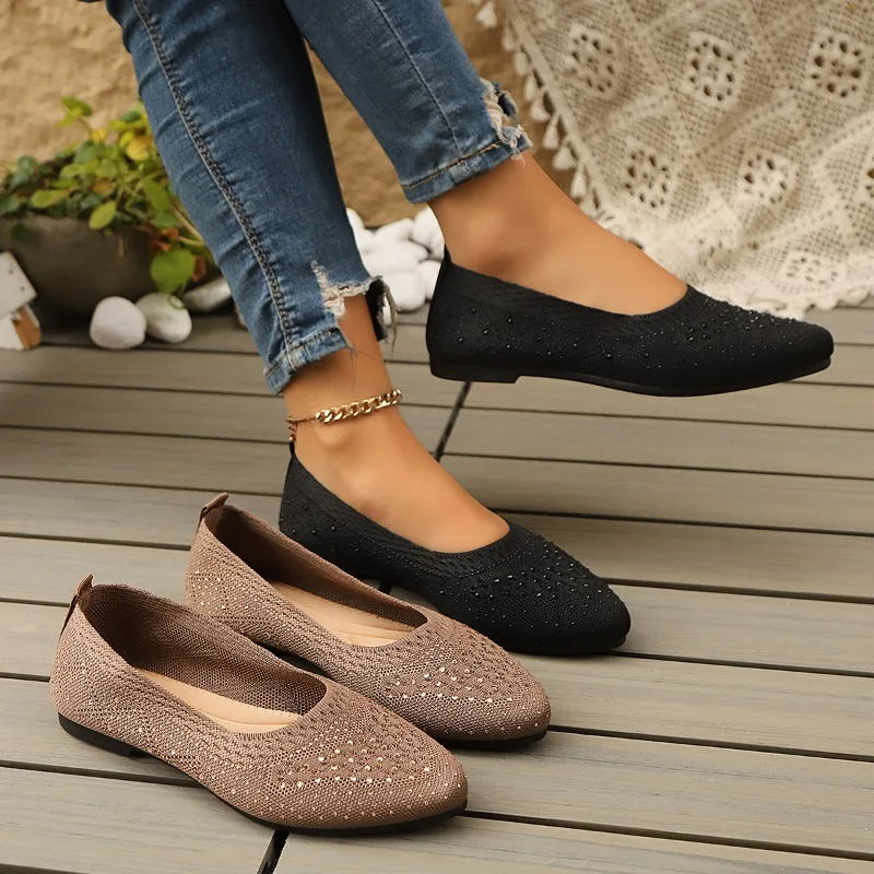 2026 new women's flat shoes large 42 upper breathable knitted sole non slip rubber material pointed shoes spring / summer /
