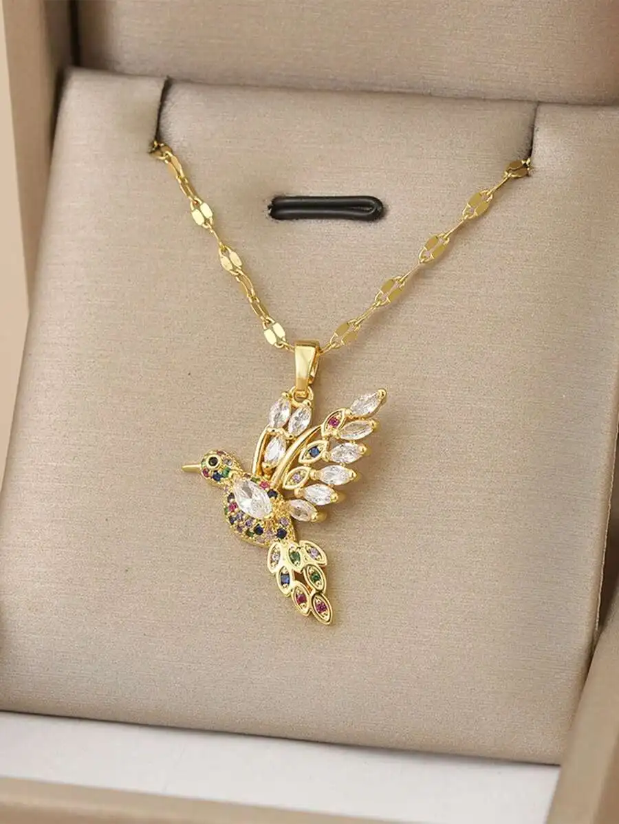 

Rhinestone Hummingbird Design Stainless Steel Necklace For Women Festival Gift