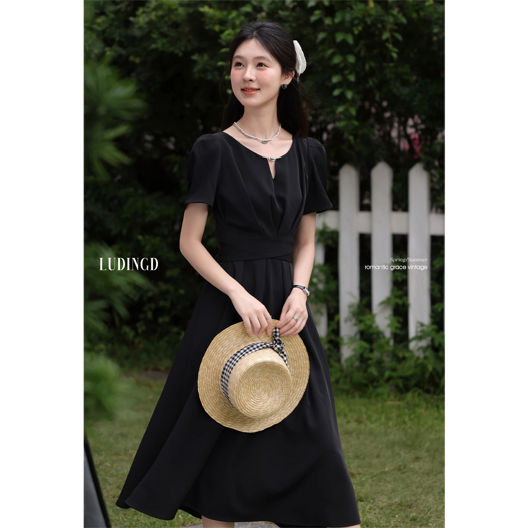 

ALXNAN Plus Size Long Dress Black Puff Sleeve Holiday Beach Women's Dress Summer Office Lady Casual Short Sleeve Clothing D11528
