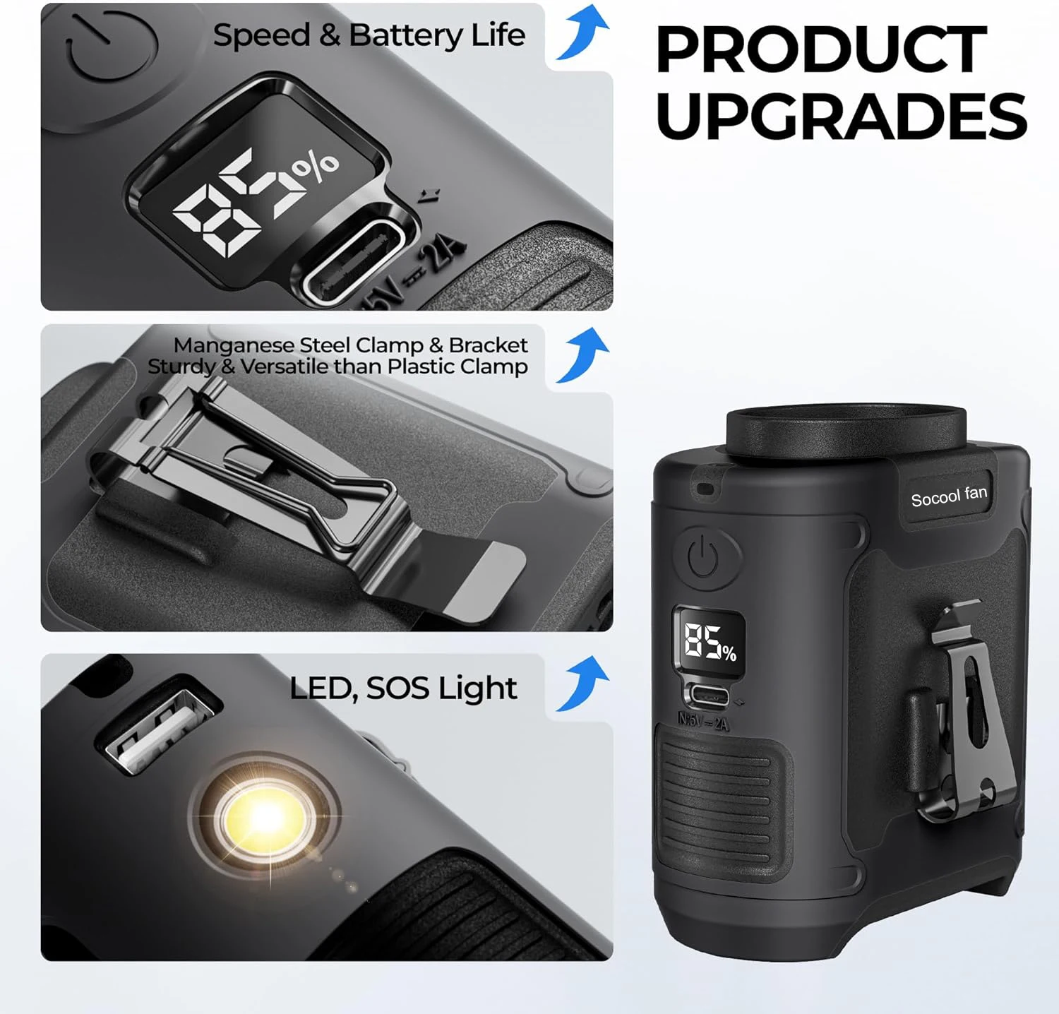 20000mAh 야외 허리 팬 휴대용 교수형 목 팬 스포츠 요리 야외 작업을위한 보조베터리 LED 조명과 강한 바람