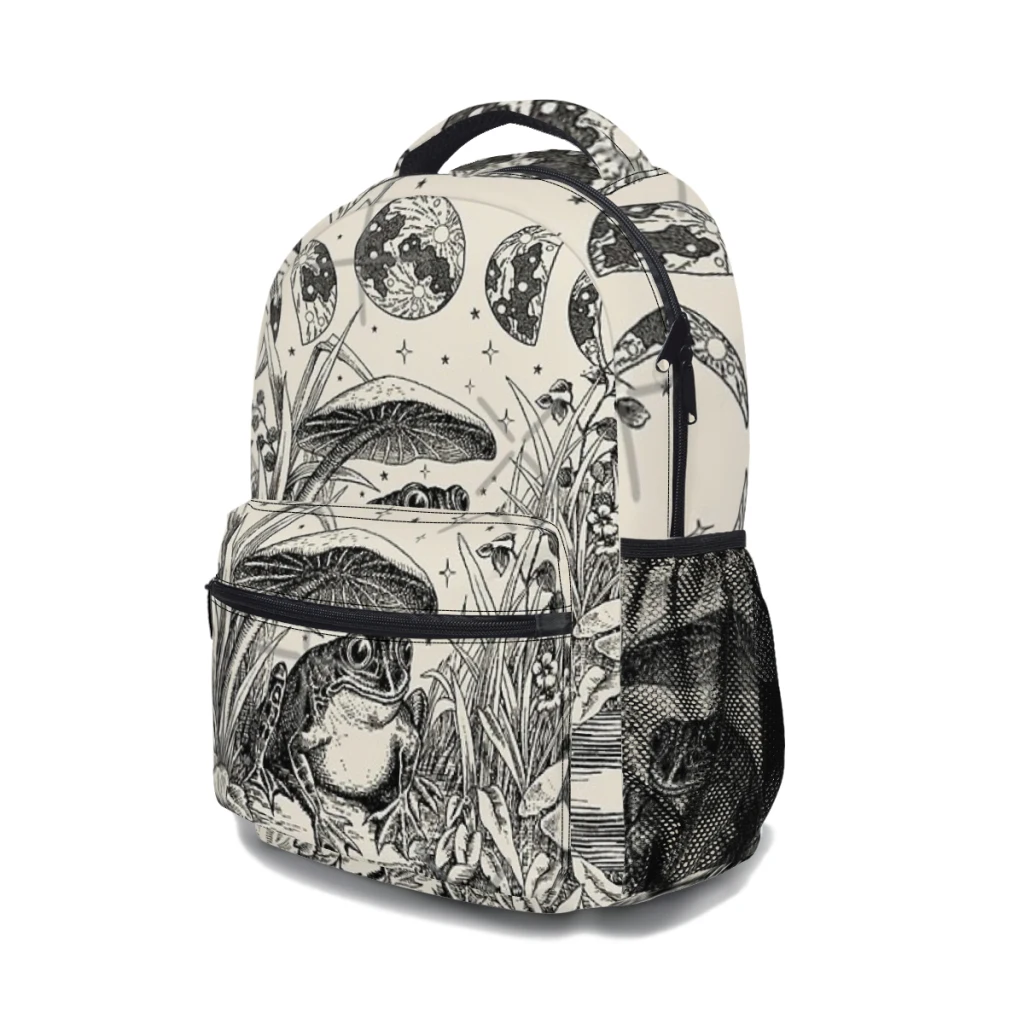 New Fashionable  Cottagecore Aesthetic Frog, Mushroom Moon Witchcraf Pattern School Bag  Print Backpack 17inch