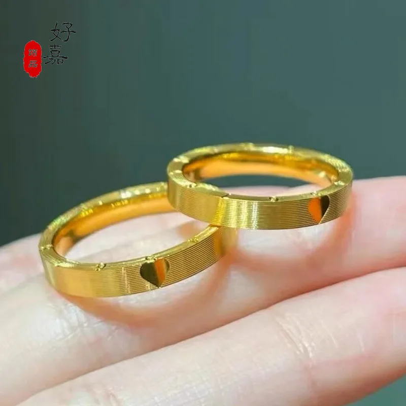 Light luxury 24K real gold seenwork annual ring Love 520 brushed stripe ring au9999 pure gold female ring senior love couple