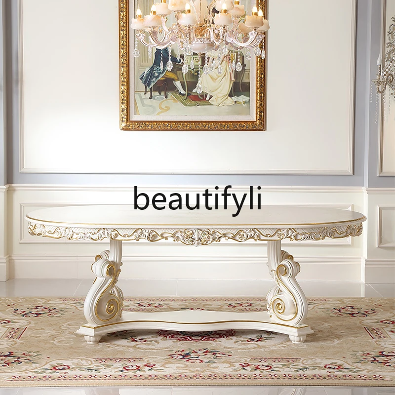 Palace French Cream Style Dining Table and Chair Combination Solid Wood Painted 2.2M Dining Table