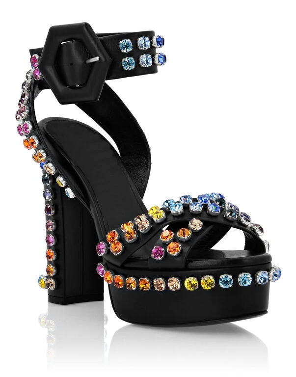 Multicolour Rhinestones Platform High Block Heels Sandals Crossed Straps Peep Toe Ankle Strap With Hexagonal Lined Buckle Shoes