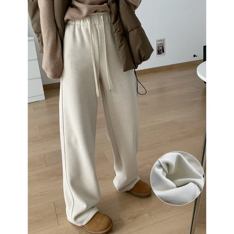 

Женские зимние повседневные брюки с высокой талией, утепленные флисом, из тонкой шерсти, широкие прямые штаны в пол