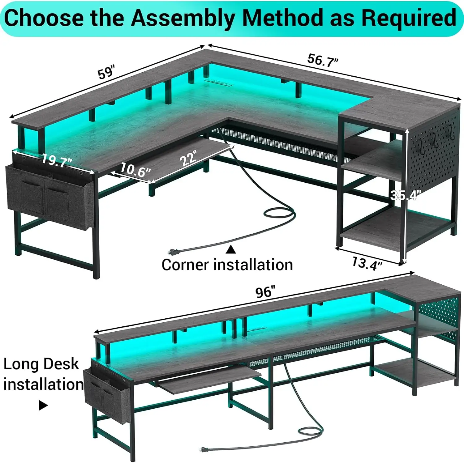 L Shaped Gaming Desk, Convertible 96