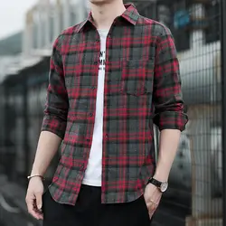 Men's Solid Turn-down Collar Spring Autumn Button Cardigan Plaid Striped Long Sleeve Shirt Coats Casual Preppy Style Tops