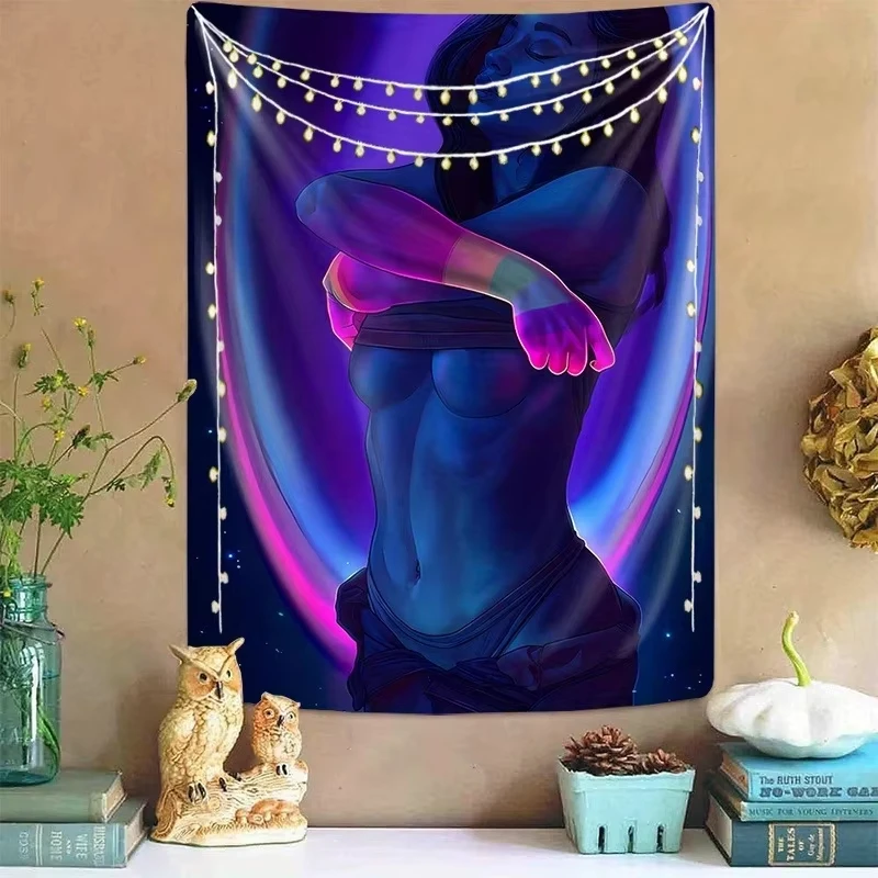 VIKAMA Dream Goddess Art Tapestry Elegant Female Starry Sky Purple Blue Gradient Living Room Sofa Background Wall Decoration
