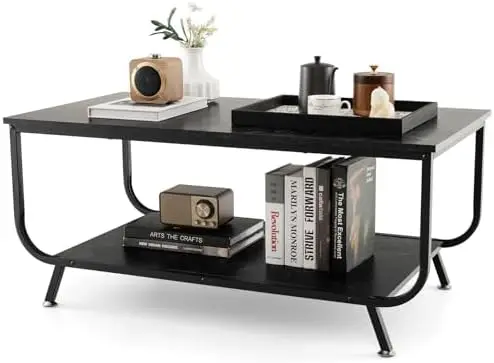 

2-Tier Coffee Table, Rectangular Center Cocktail Table with Faux Marble Top and Metal Frame, Shelf, Accent Coffee Table for Liv