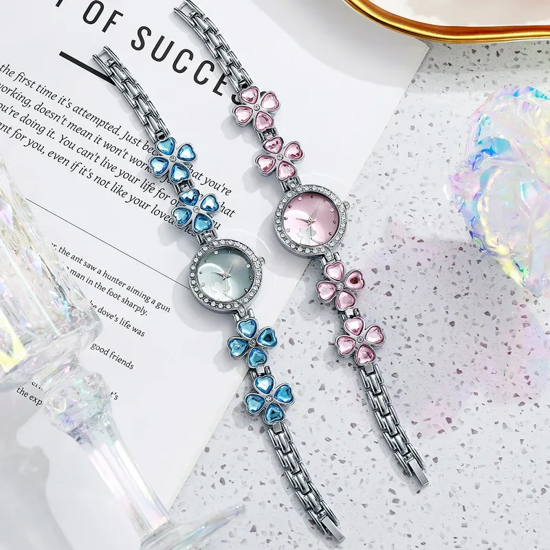 Korean Trendy Simple Fashion Student Watch Four Leaf Clover with Diamonds Women's Quartz Watch Gift Accessory Wristwatch Gifts