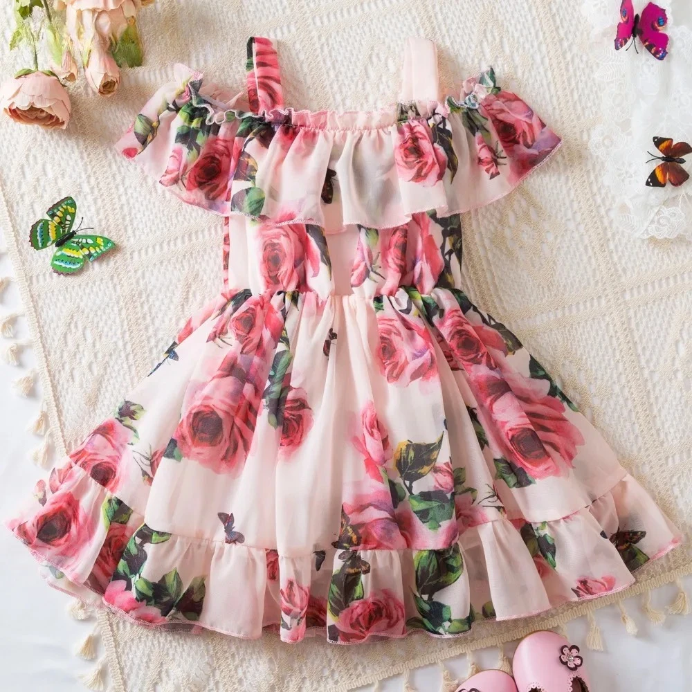 

Модные повседневные платья для девочек с цветочным принтом, новое летнее розовое платье принцессы на подтяжках, детская одежда для дня рождения